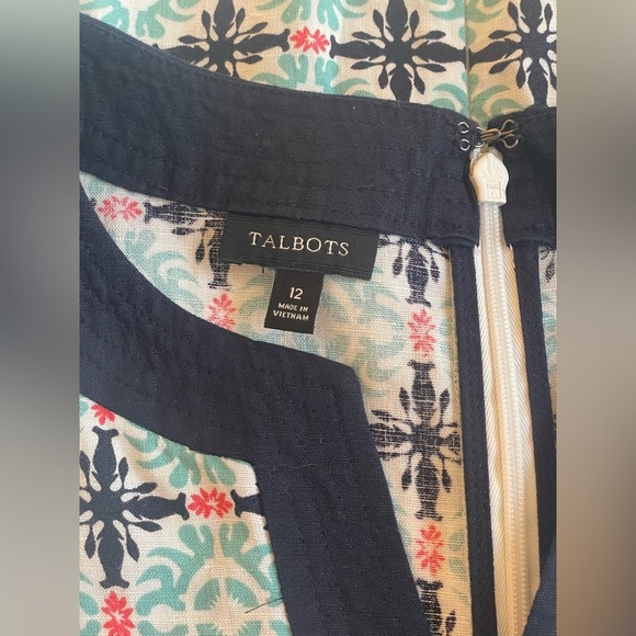 Talbots Aqua Blue White Print Linen Blend Sheath Dress Pockets Size 12 Coastal - Picture 5 of 9